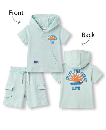 Babyhug Terry Knit Half Sleeves Hooded T-Shirt & Shorts Set With Front & Back Tropical Print - Multicolor