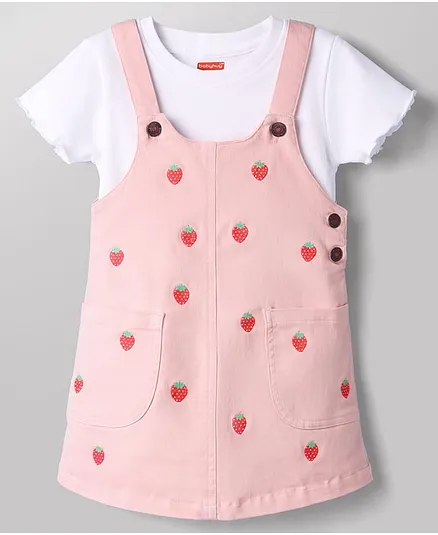 Babyhug Twill Woven Frocks with Inner Tee Strawberry Embroidered Pink 12-18 Months