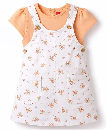 Babyhug Twill Woven Sleeveless Straight Cut Pinafore Frock & Half Sleeves T-Shirt With Floral Print - White