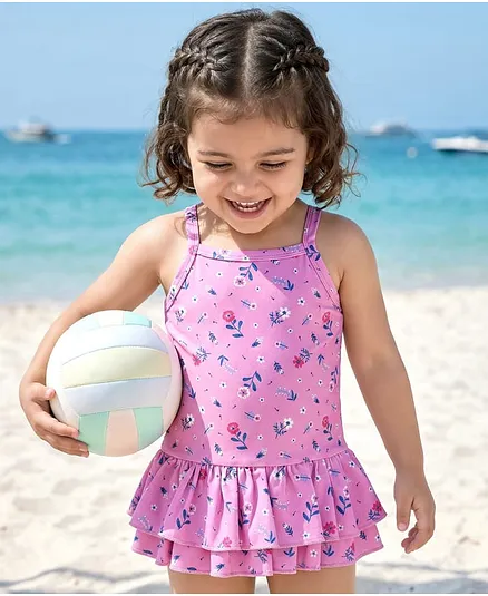 Babyhug V Cut Sleeveless Frock Style Swimsuit Floral Print - Pink