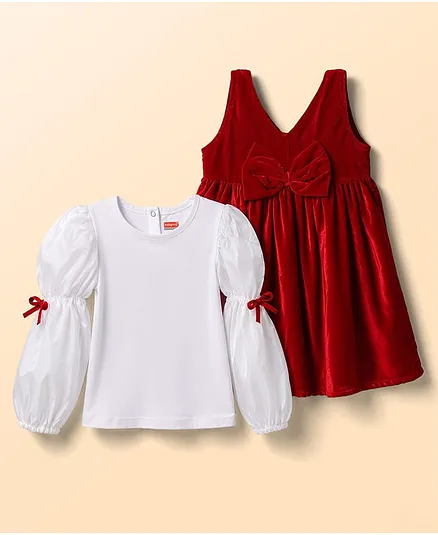 Babyhug Velvet Woven Full Sleeves Frock With Inner Tee Bow Applique - Red
