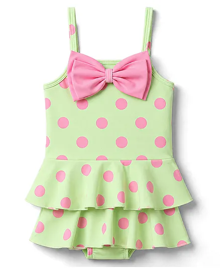 Babyhug Water RepellantLycra Sleeveless Frock Swimsuit With Polka Dots Print & Bow Applique - Green