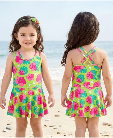 Babyhug Water Repellent Sleeveless Frock Swimsuit with Floral Print - Lime Green