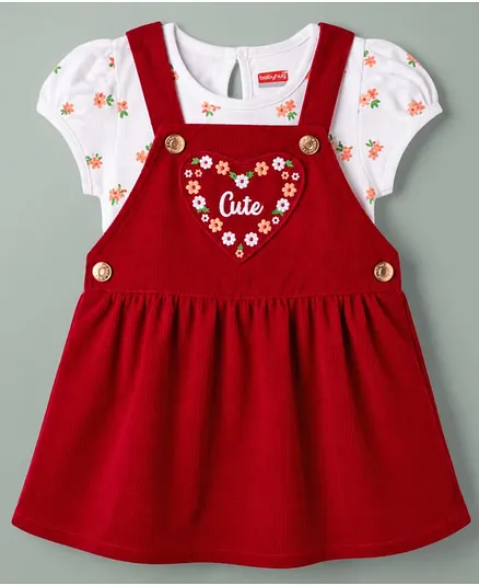 Babyhug Woven Half Sleeves Floral Printed & Embroidered Frock With Inner Tee - Red