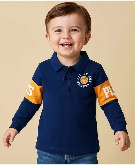 Babyoye 100% Cotton Knit Full Sleeves Cut & Sew Polo T-Shirt with Sport Theme Graphic - Navy Blue