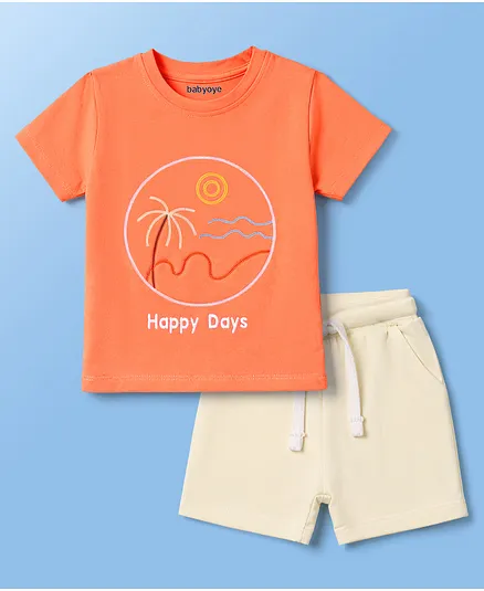 Babyoye 100% Cotton Knit Yarn Dyed Beach Theme Embroidered T-Shirt & Shorts Set - Orange