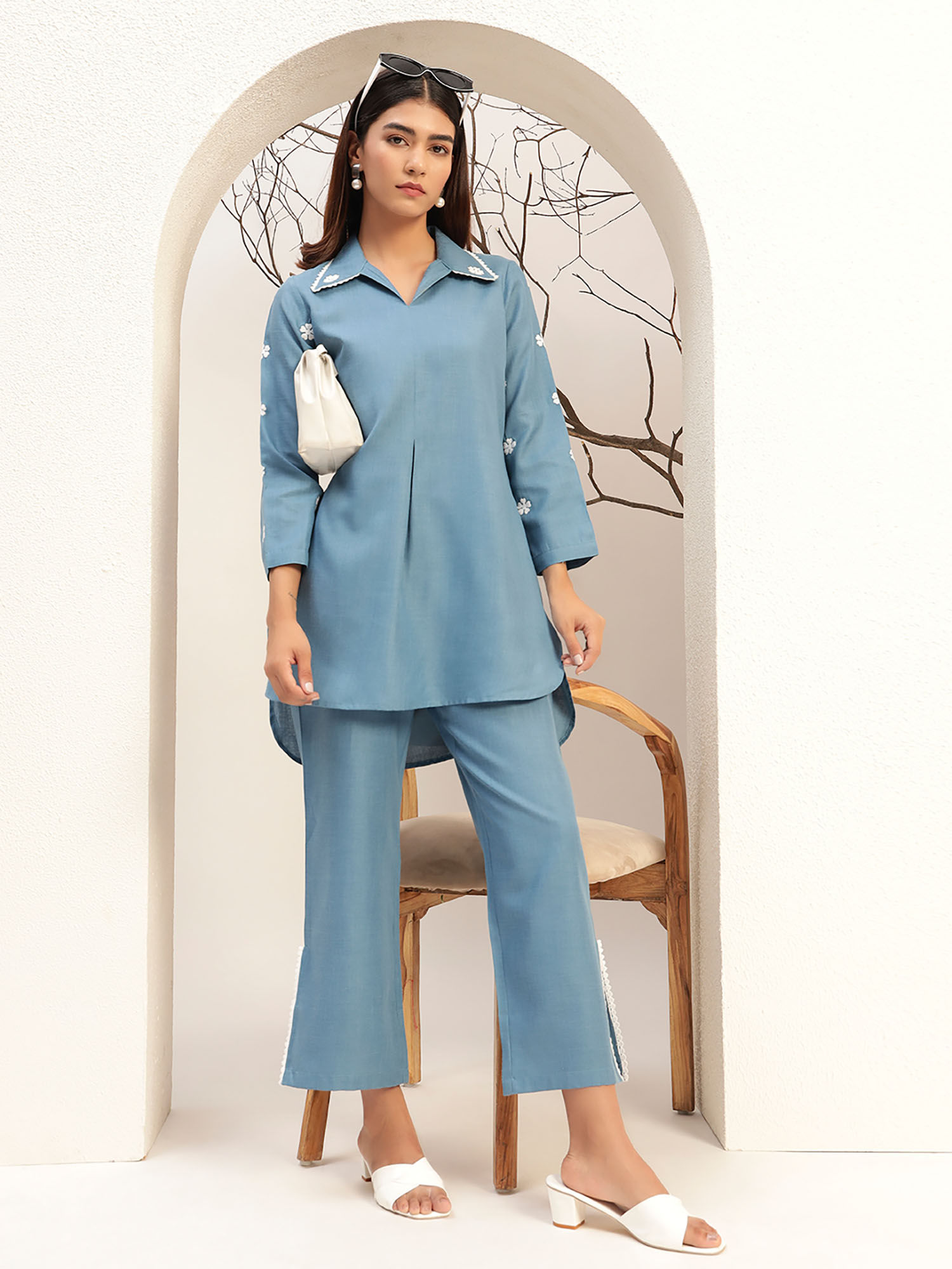 Bani Women Blue Color with Collar Neck Caual Tunic with Trouser Co-Ord Set Of 2