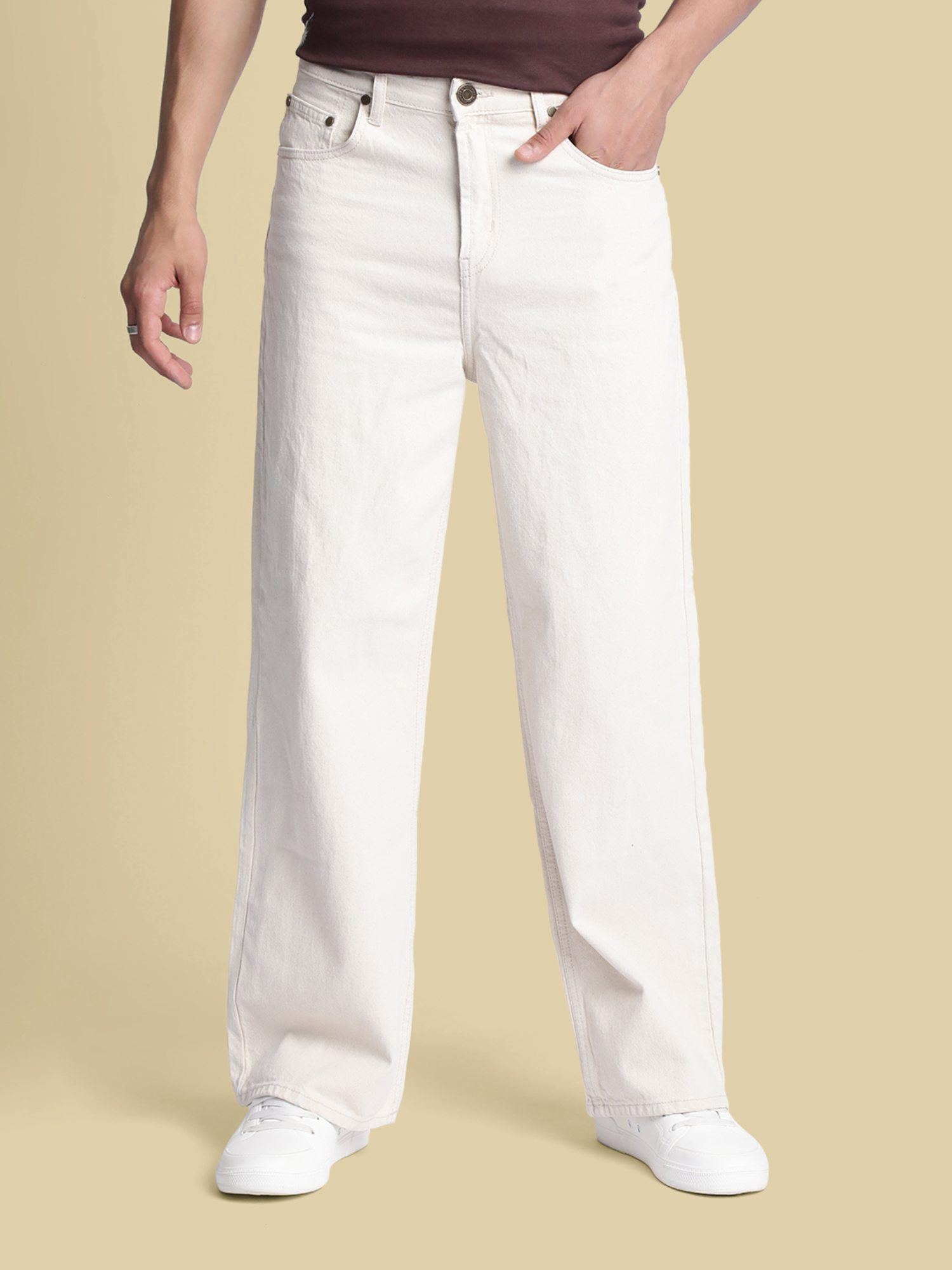 Bene Kleed Men Ecru Wide Leg Jeans
