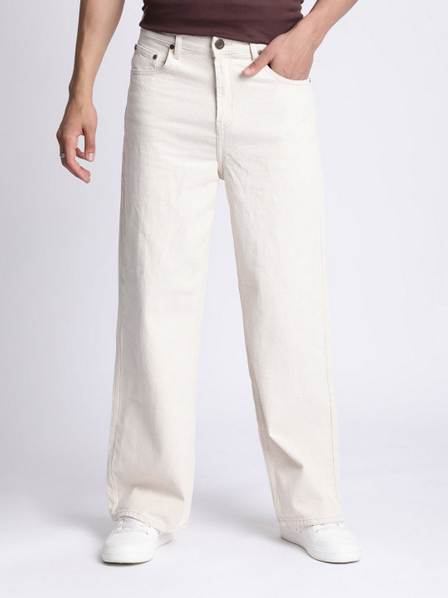 Bene Kleed Men Off White Ecru Wide Leg Mid Rise Jeans