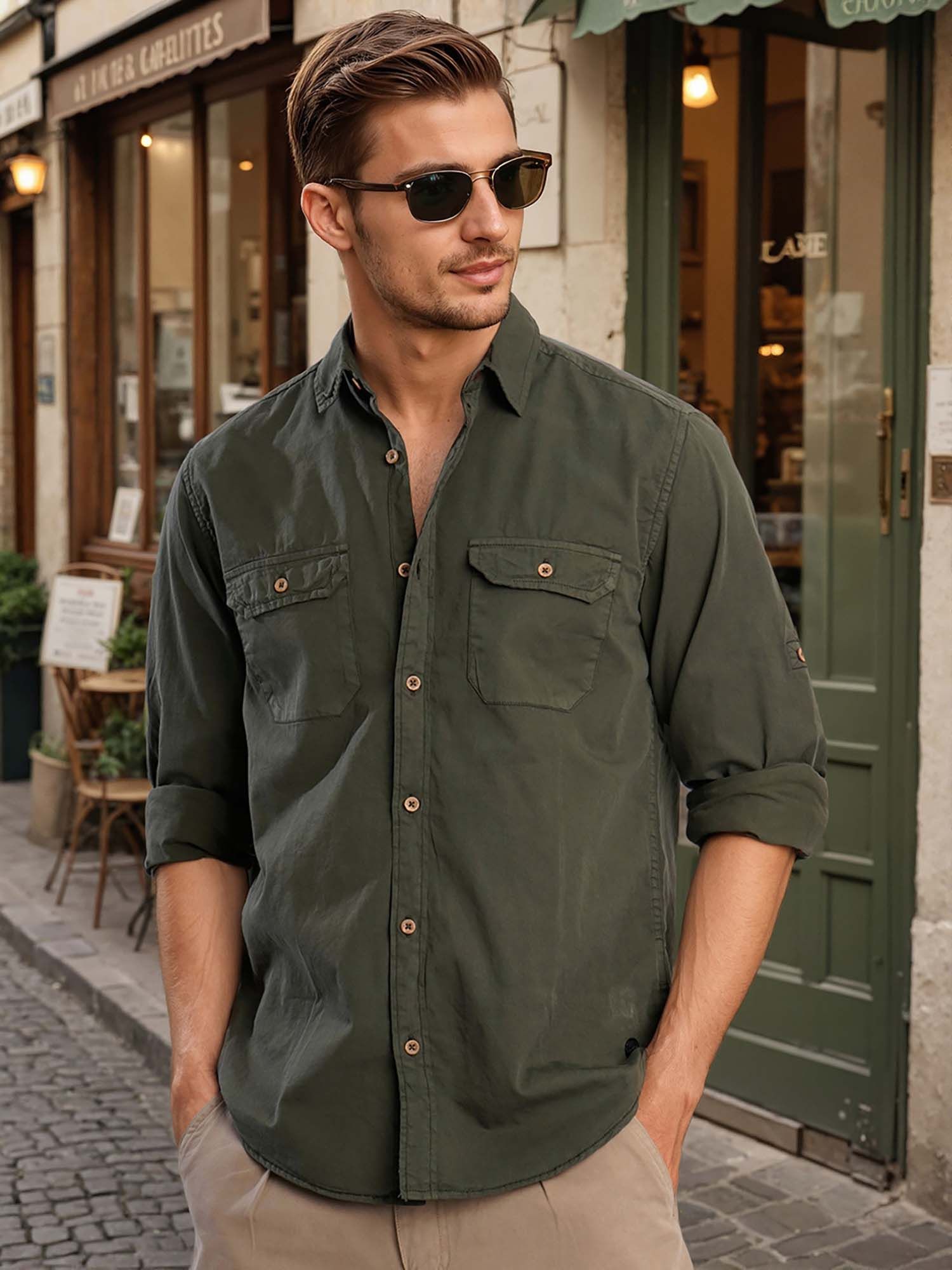Bene Kleed Olive Cotton Full Sleeves Shirt