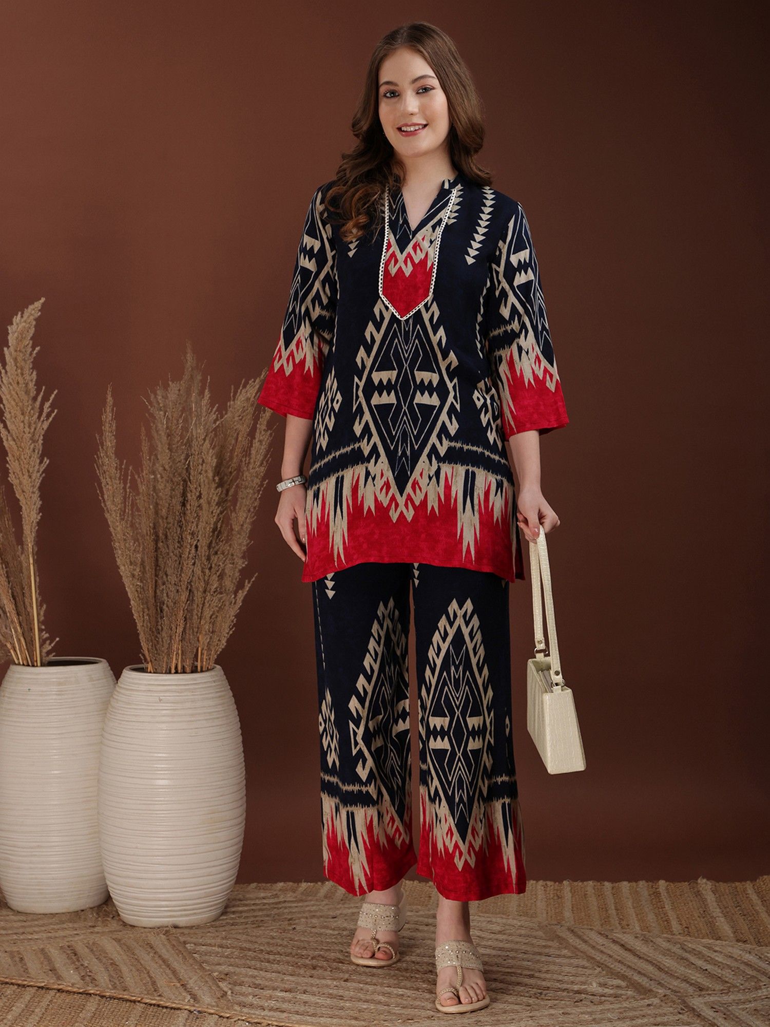 BERRYLICIOUS Women Navy Blue Rayon Geometric Co-Ord Set