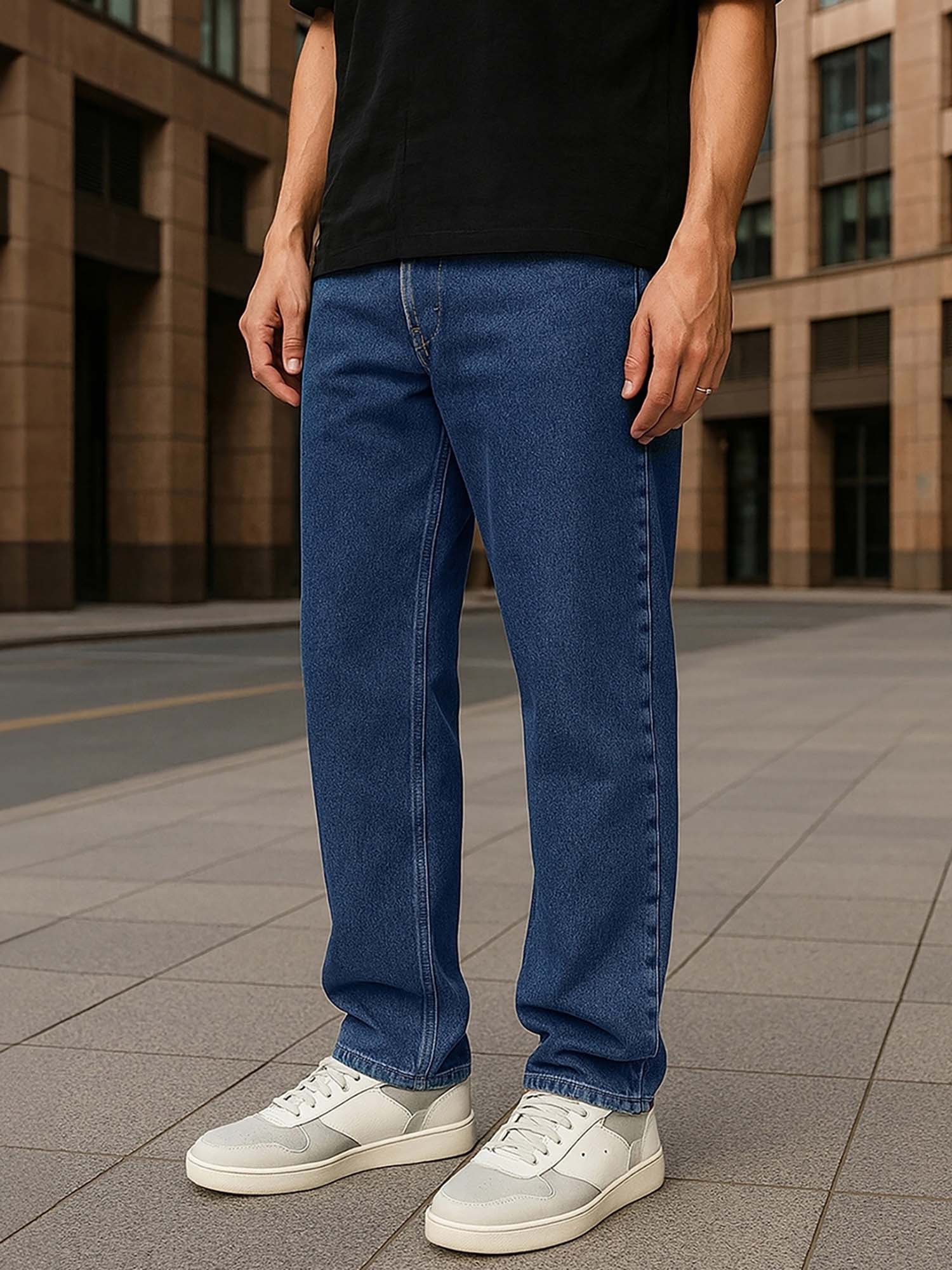 Bewakoof Men's Blue Slim Straight Fit Stretchable Mid-Rise Jeans