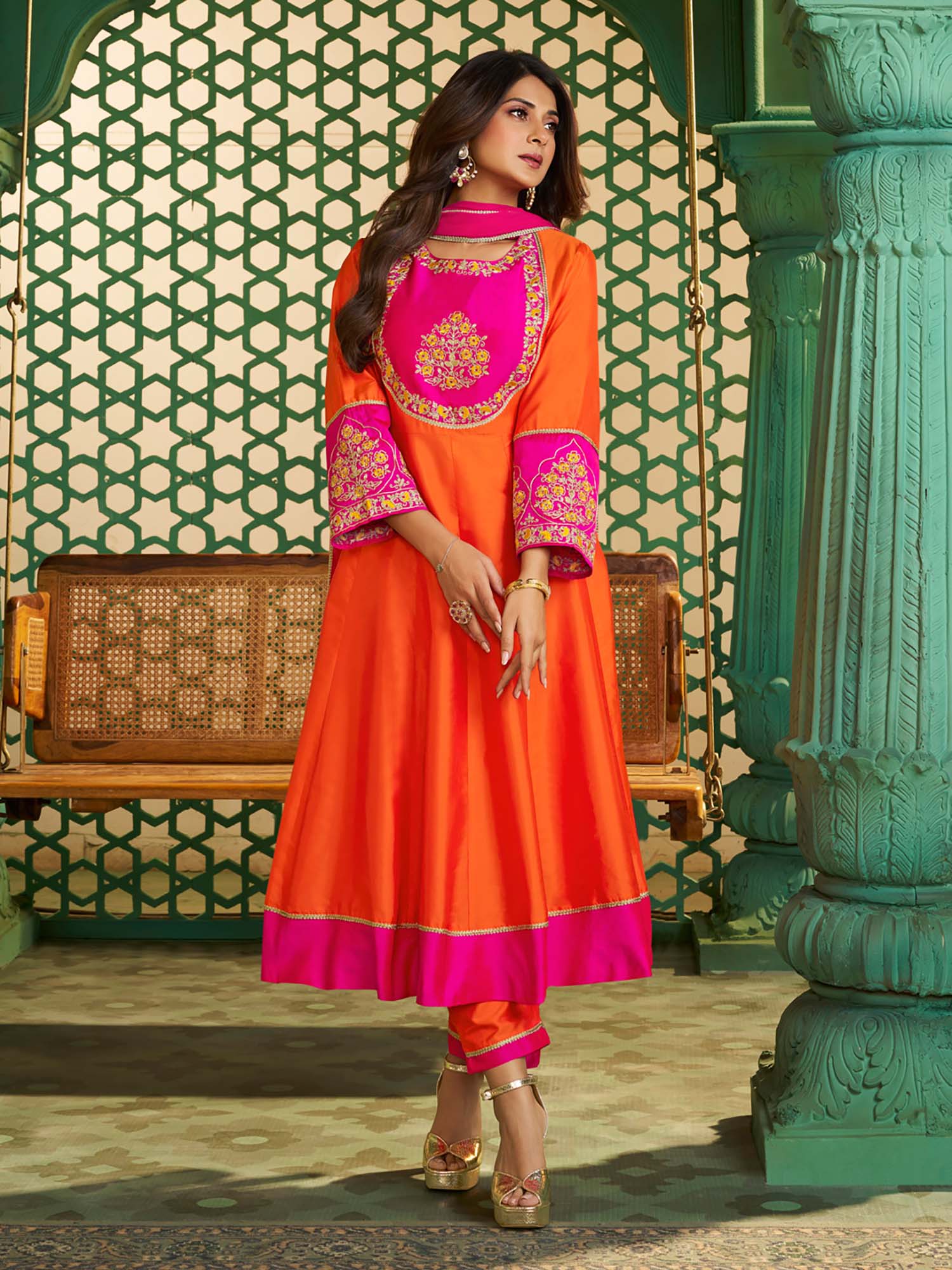 BHAMA COUTURE Orange Floral Anarkali Kurta with Pant & Dupatta