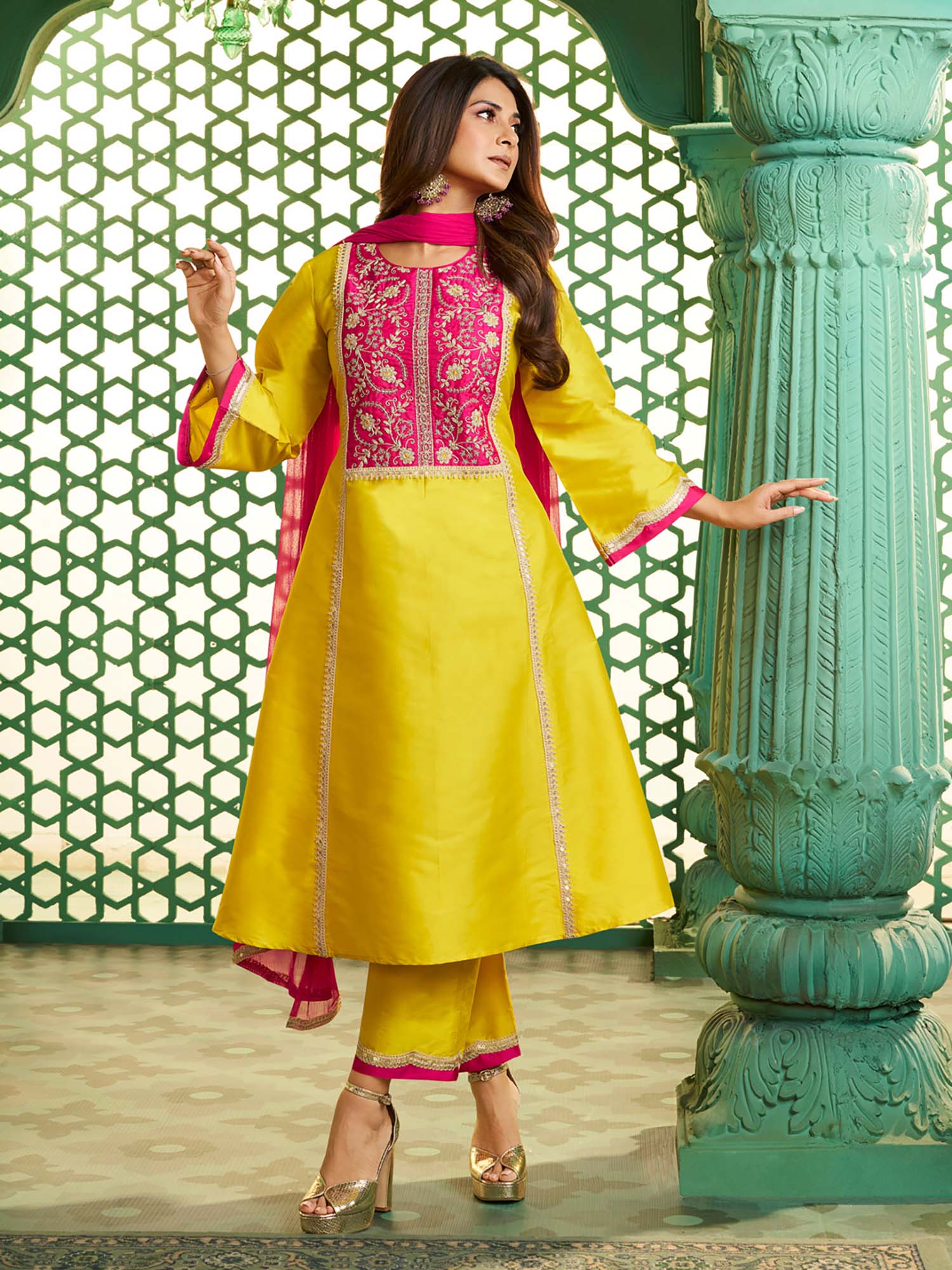 BHAMA COUTURE Yellow Floral Anarkali Kurta with Pant & Dupatta
