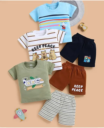 blushh berry Cotton Knit Pack Of 3 Half Sleeves Aeroplane & Animal Printed Tee & Shorts Set - Blue White Green