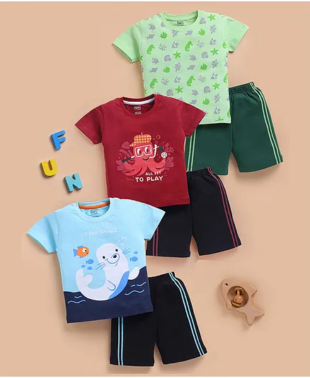 blushh berry Cotton Knit Pack Of 3 Half Sleeves Sea Life and All Set To Play Text Printed Tees With Shorts Set - Green Maroon & Blue