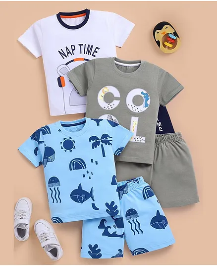 blushh berry Cotton Knit Pack Of 3 Half Sleeves Sea Life & Nap Time Text Printed Tees With Shorts Set - White Grey & Blue