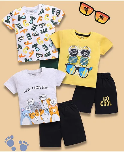 blushh berry Cotton Knit Pack Of 3 Half Sleeves Sunglasses & Cat Printed Tees With Shorts Set - White Yellow & Grey