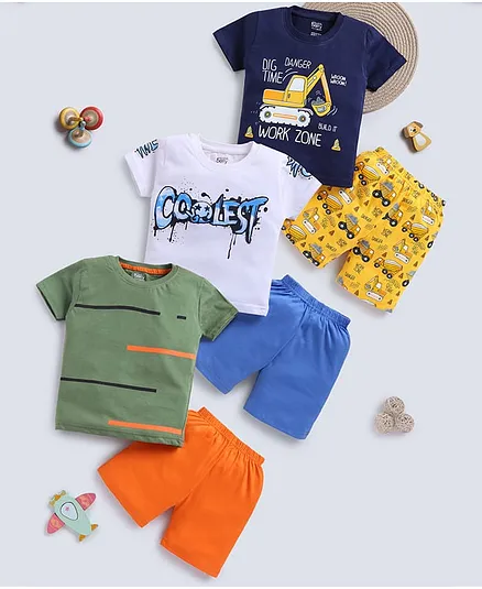 blushh berry Cotton Knit Pack Of 3 Half Sleeves Vehicles & Coolest Text Printed Tee & Shorts Set - Navy Blue White Green