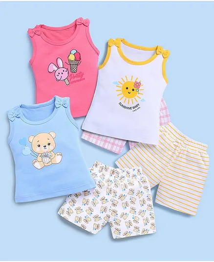 blushh berry Cotton Knit Pack Of 3 Sleeveless Baby Animals Printed Tees & Shorts Set - Red White & Blue