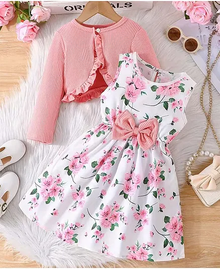 Bolly Lounge Cotton Blend Knit Floral Printed Dress With Full Sleeves Shrug - Peach
