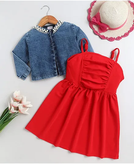 Bright Stars KIDSWEAR Knit Solid Dress With Full Sleeves Pearls Embellished Jacket - Red
