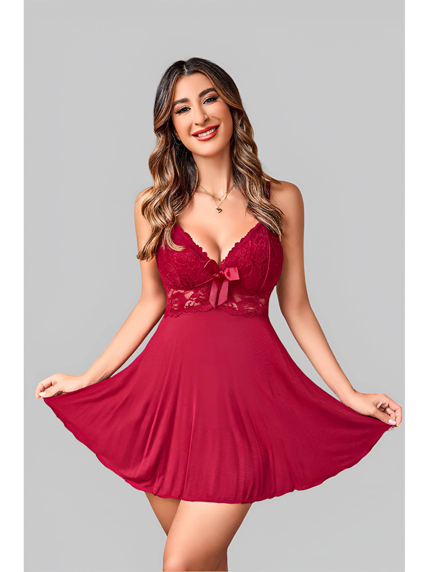 BROIDEN Women Maroon Self Design Shoulder Straps Baby Doll