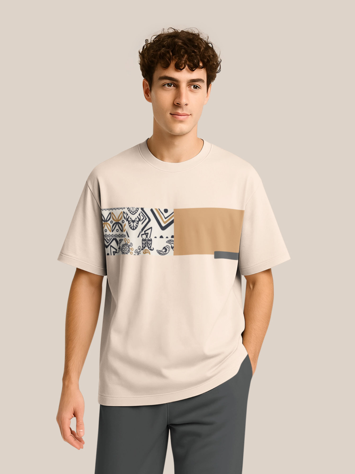 BULLMER Trendy Beige Half Sleeve Oversized Cotton Blend Crew Neck T-Shirt for Men