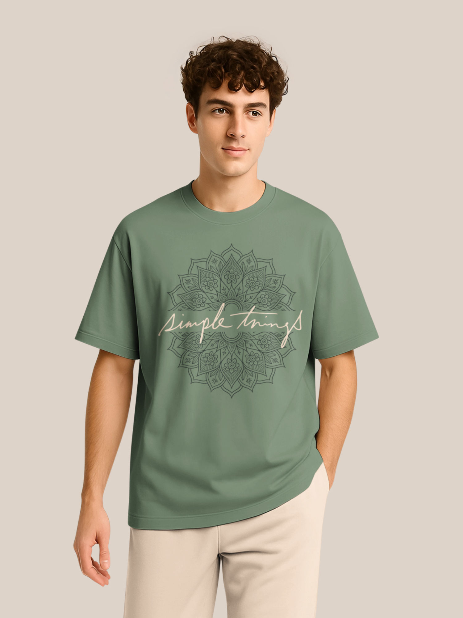 BULLMER Trendy Olive Half Sleeve Oversized Cotton Blend Crew Neck T-Shirt for Men