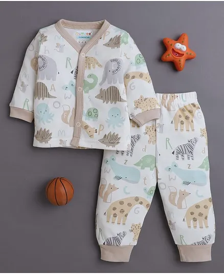 BUMZEE Cotton Knit Full Sleeves Co-ords Night Suit With Animal Print - White