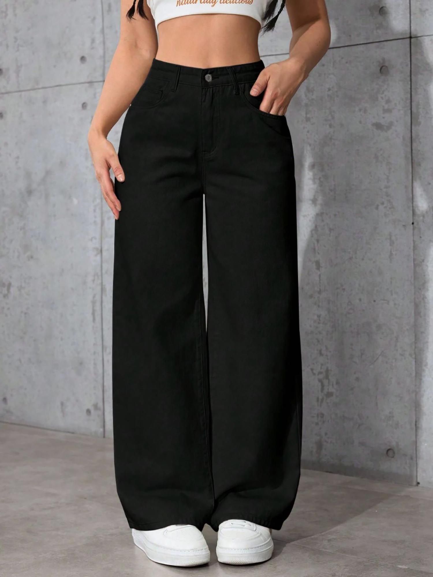 Buynewtrend Black Casual Women Wide Leg High Waist Denim Jeans