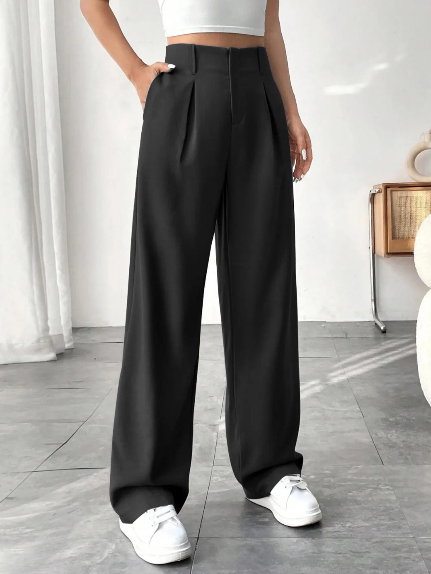 Buynewtrend High-Waist Black Women’s Formal Pleated Trousers with Straight Legs
