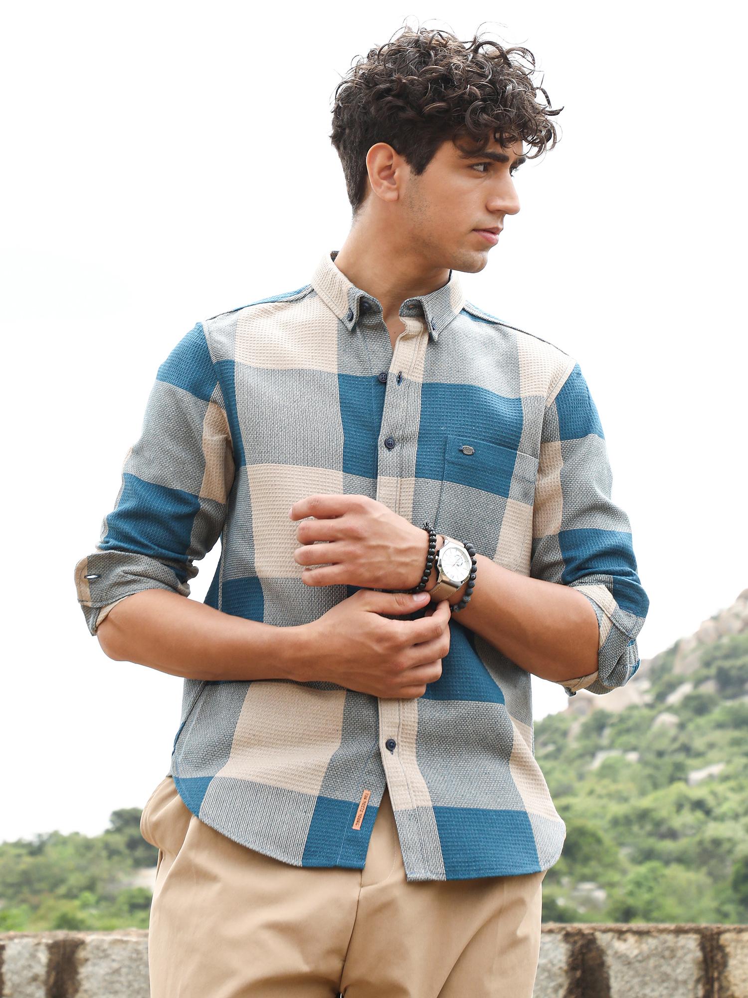 CAHOOT Men Azure Blue Buffalo-Woven Regular Shirt