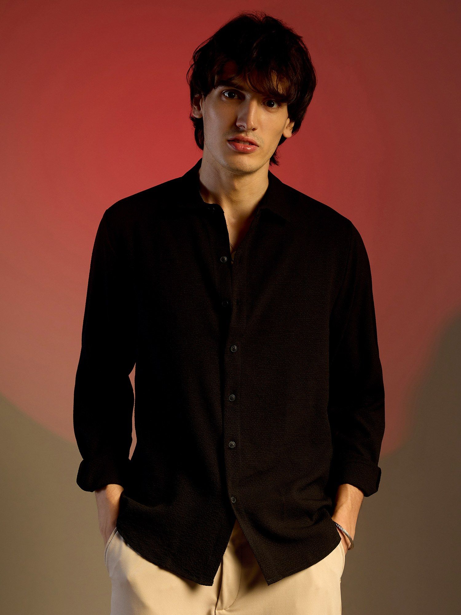 CAHOOT Men Brown Midnight Black Embossed Micro Check Shirt