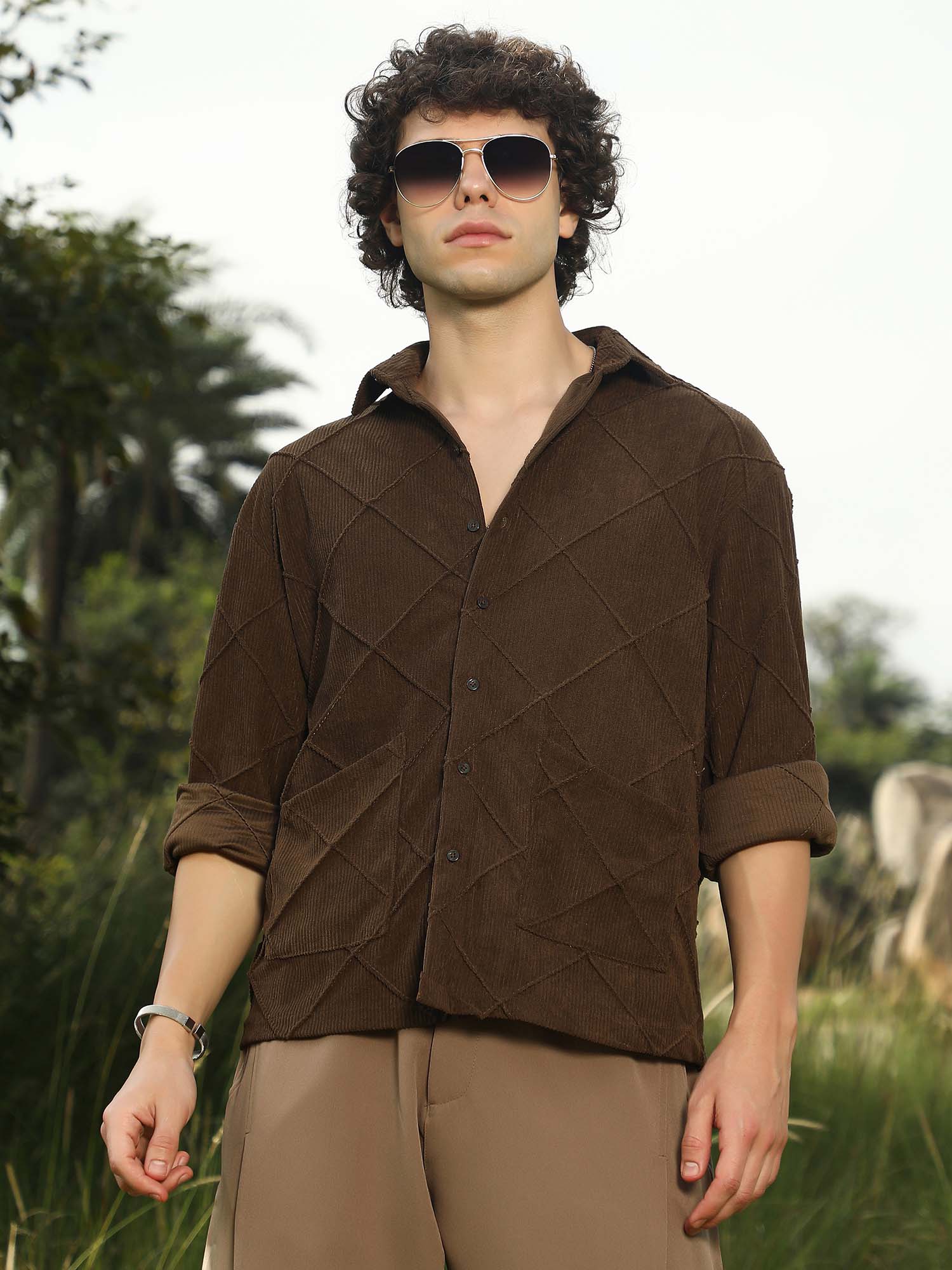CAHOOT Men Coffee Brown Crosshatch-Tactile Oversized Shirt