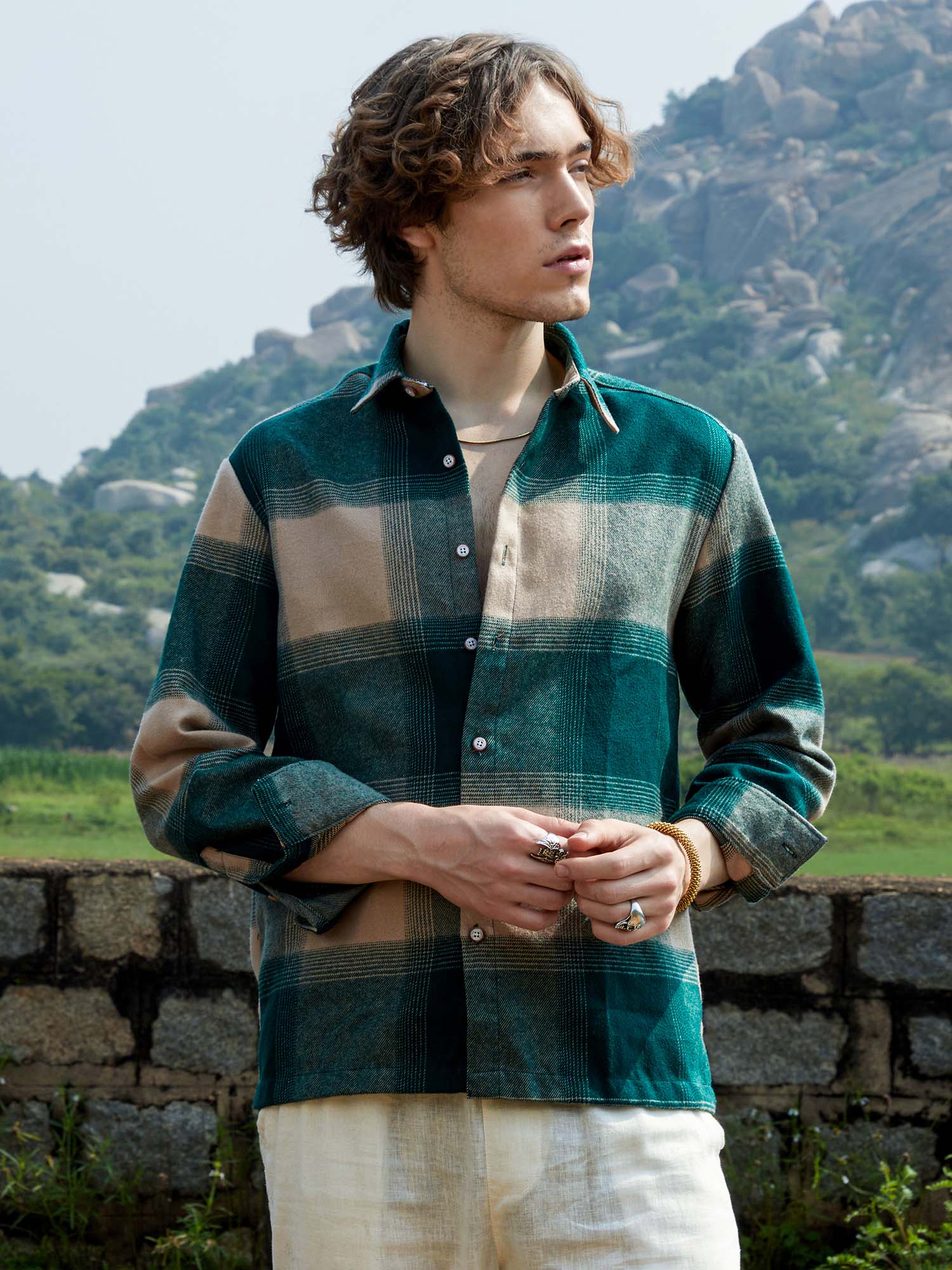 CAHOOT Men Emerald Green and Buff Beige Vignette-Checkered Oversized Shirt