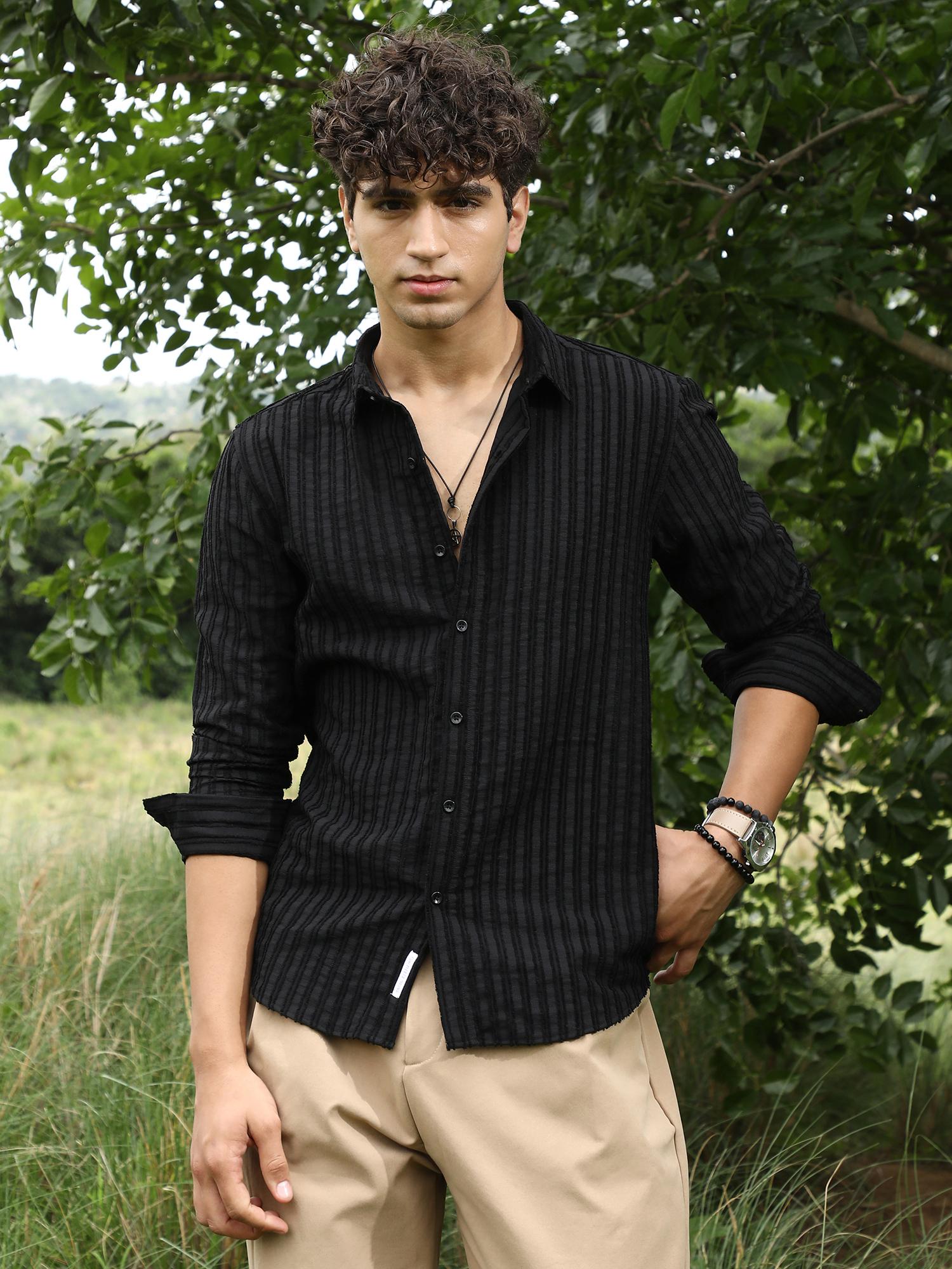 CAHOOT Men Onyx Black Edgy-Stripe Jacquard Shirt