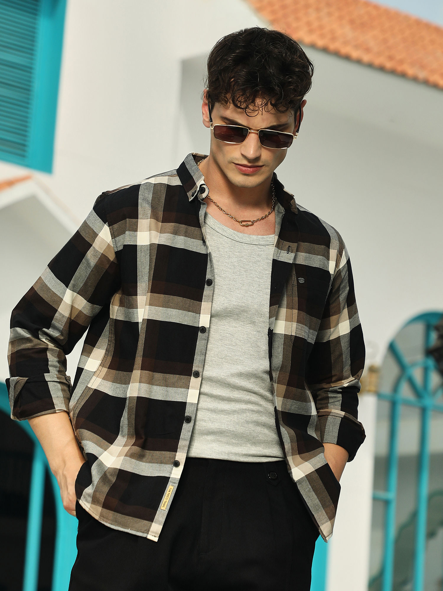 CAHOOT Men Onyx Black & Saltbox Beige Pixelated-Checks Relaxed Shirt