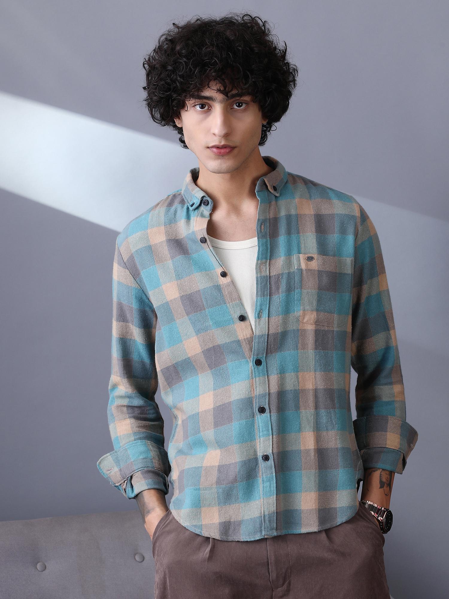 CAHOOT Men Sky Blue and Ecru Beige Block Buffalo Regular Shirt