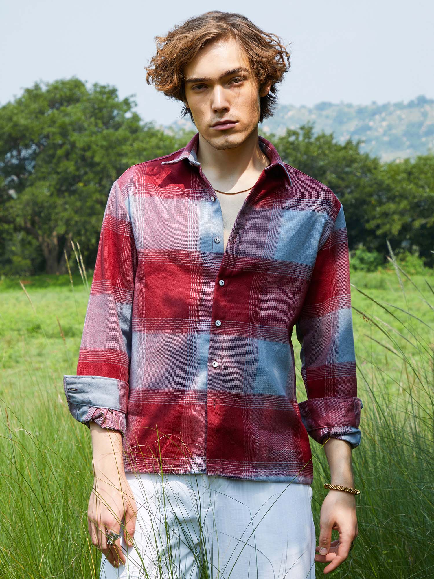 CAHOOT Men Venetian Red and Coin Grey Vignette-Checkered Oversized Shirt