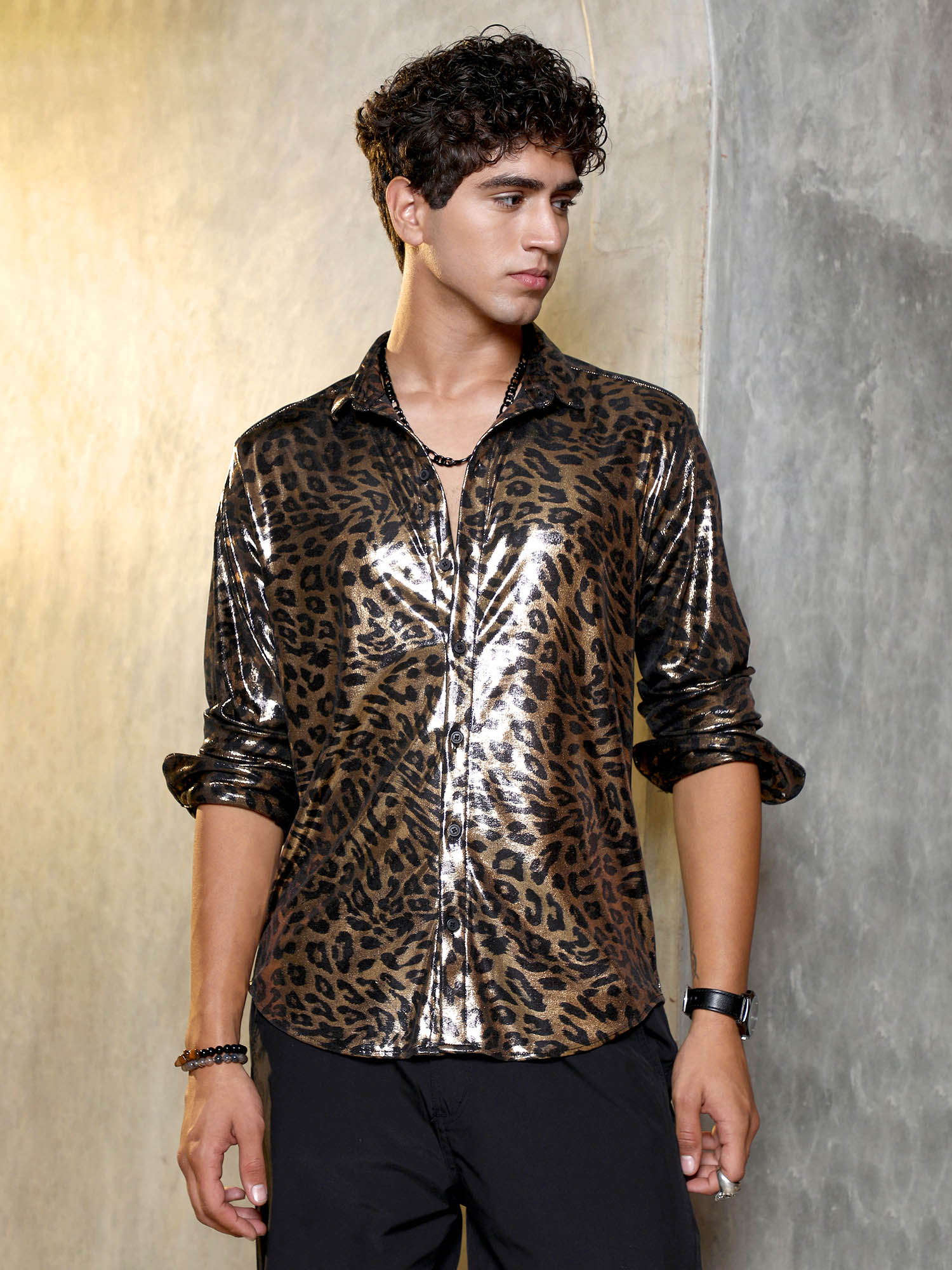 CAHOOT Men's Antique Gold Metallic-Cheetah Velvet Shirt