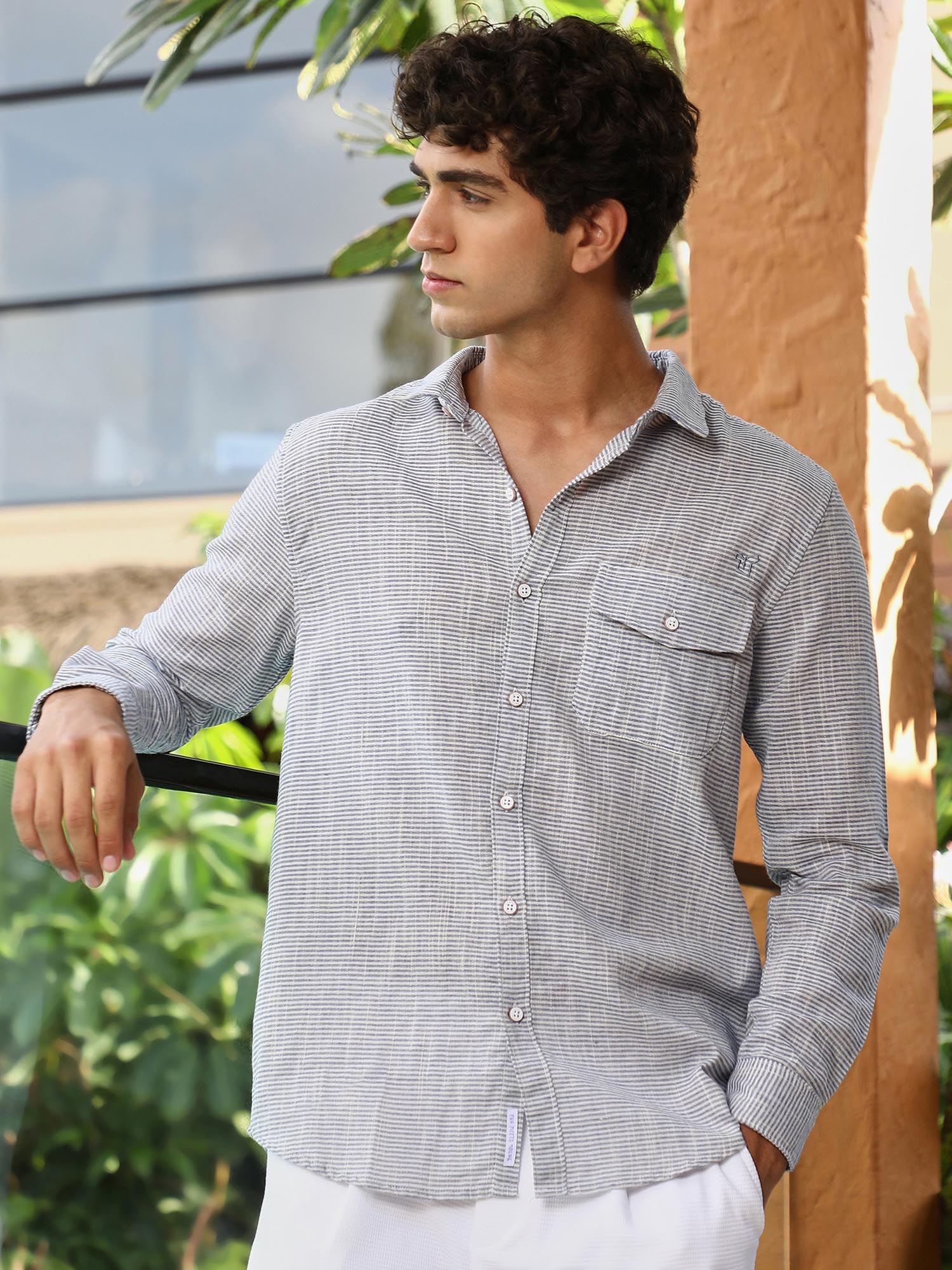 CAHOOT Men's Blue Candy-Stripe Jacquard Casual Shirt