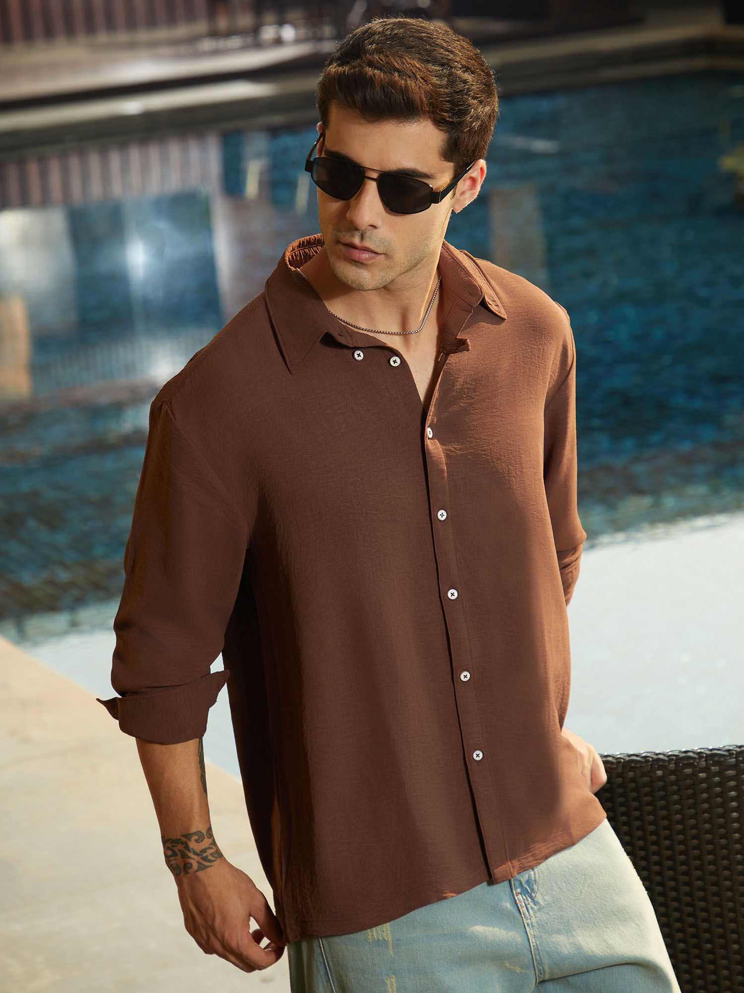CAHOOT Men's Chocolate Brown Breezy Wrinkled Shirt