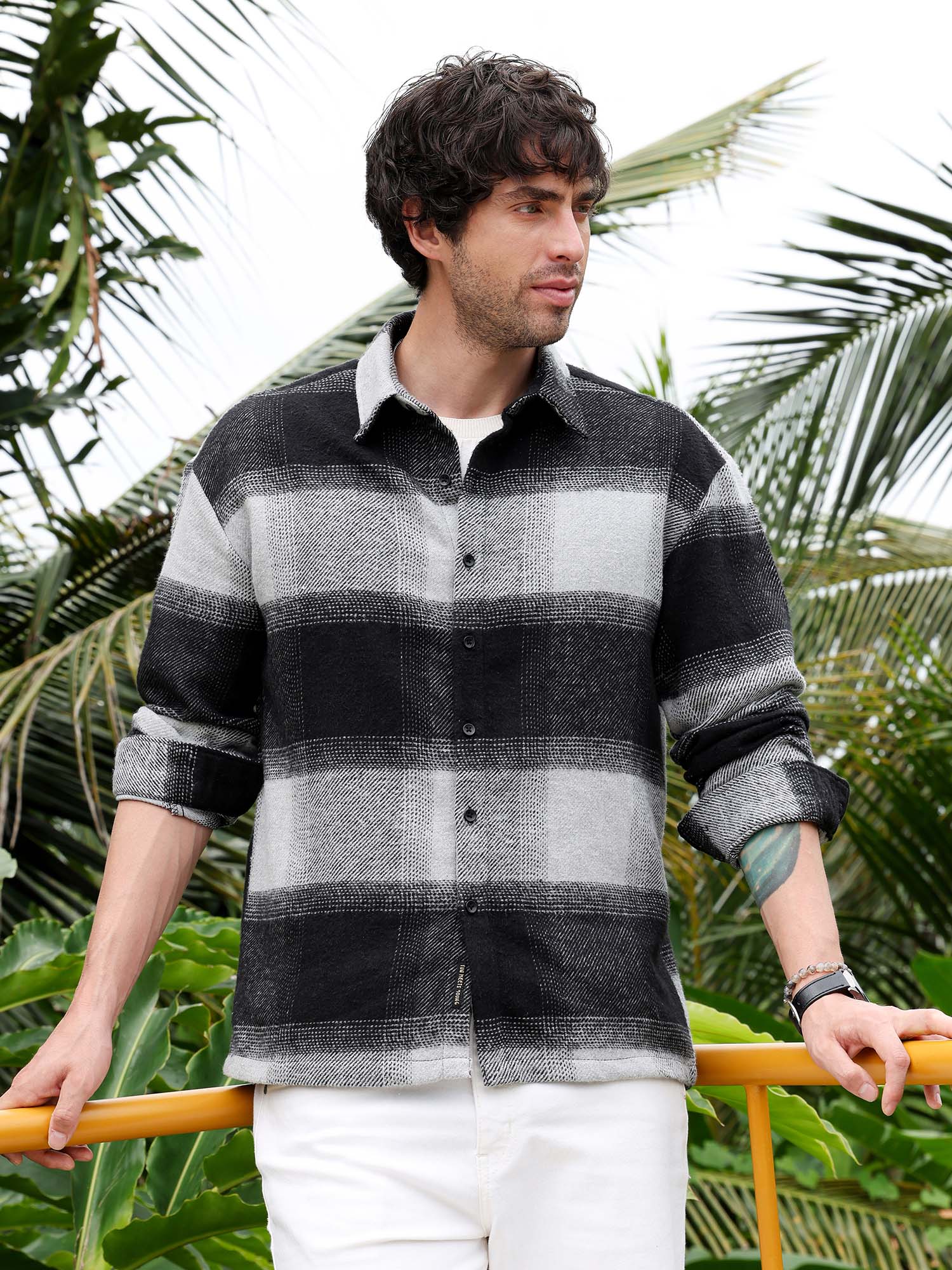 CAHOOT Men's Coin Grey: Midnight Black Vignette-Checkered Oversized Shacket