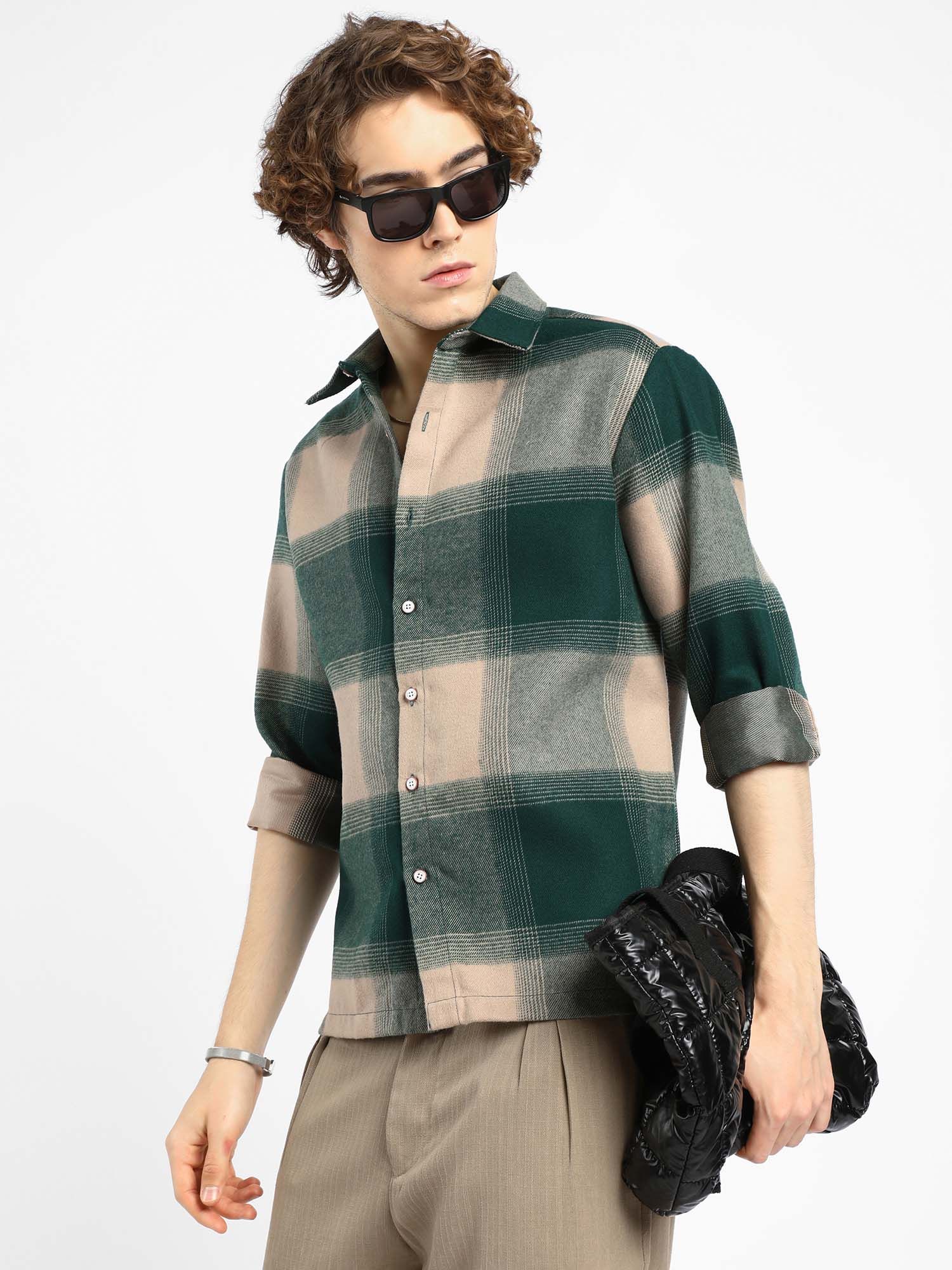 CAHOOT Mens Emerald Green Vignette-Checkered Oversized Shirt