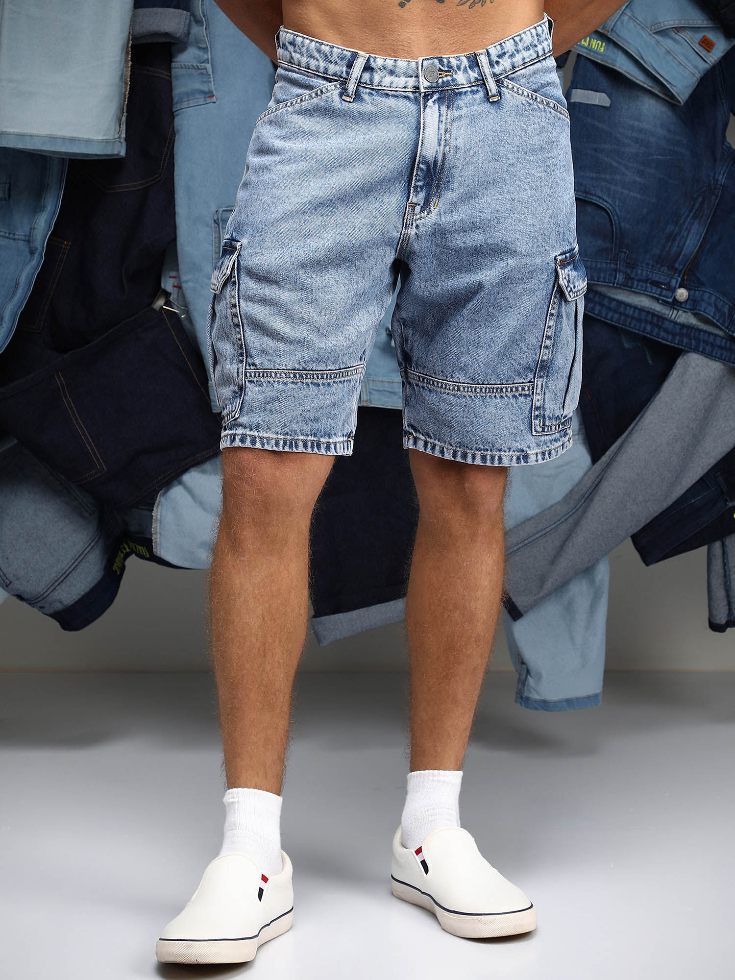 CAHOOT Men's Indigo Blue Acid-Wash Utility Denim Shorts