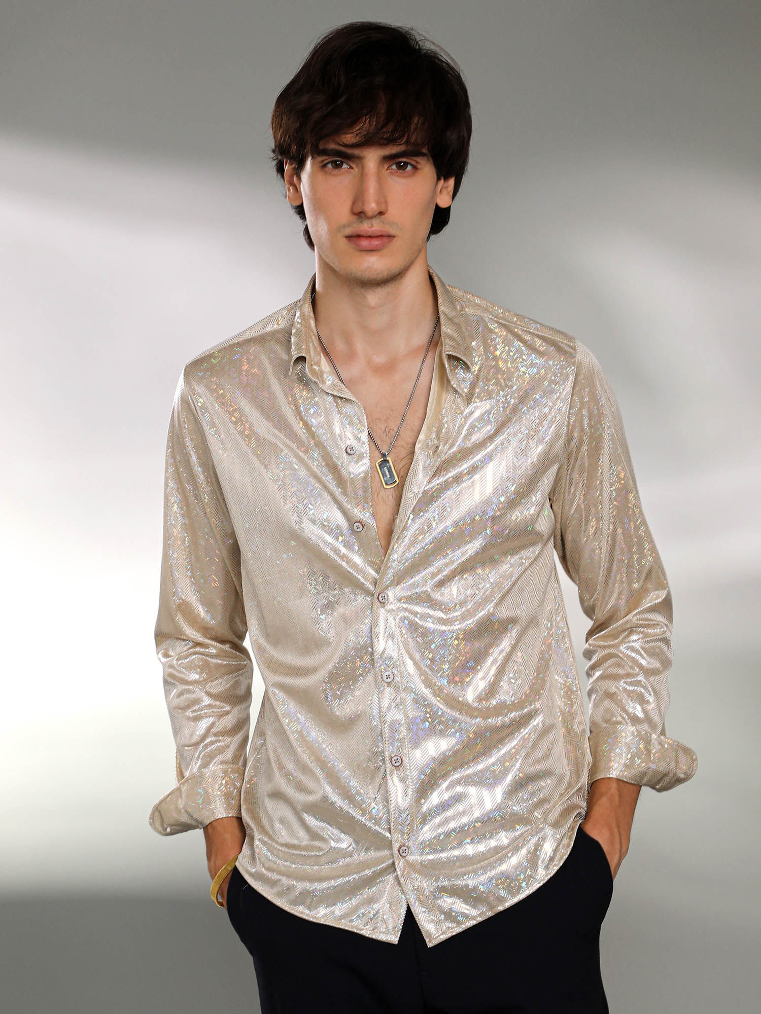 CAHOOT Mens Metallic Beige Sheen Chevron Shirt