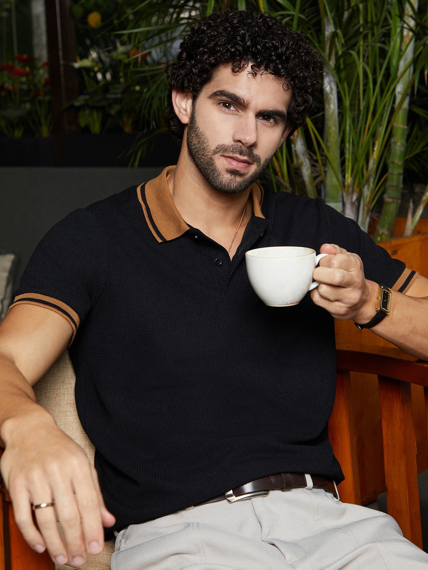 CAHOOT Mens Onyx Black Cuboid-Stripe Polo T-Shirt