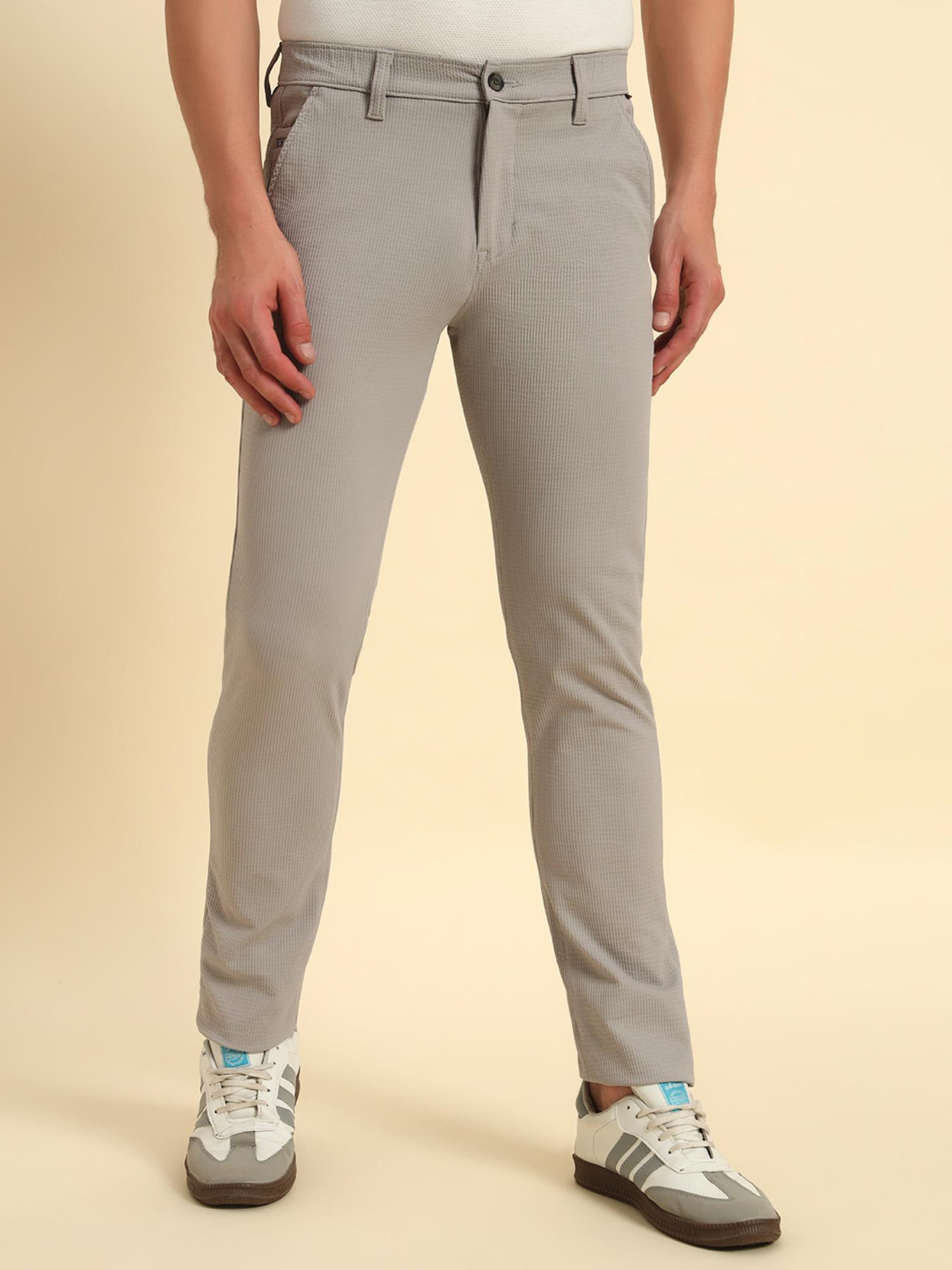 Cantabil Men Grey Textured Non Plated Regular Fit Casual Trouser