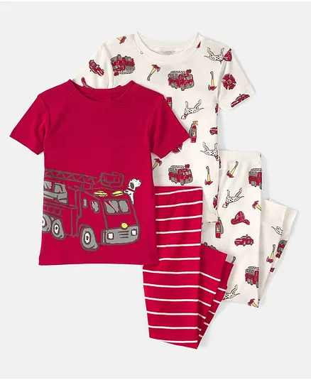 Carter's 100% Cotton Woven Half Sleeves T-Shirts & Pyjamas Co-ord Night Suits with Firetruck Print Pack of 2 (Color May Vary)